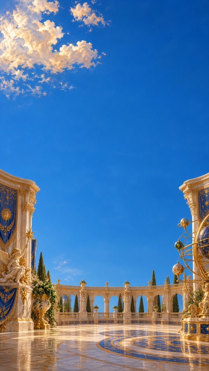 An ornate palace terrace opening onto a clear blue sky